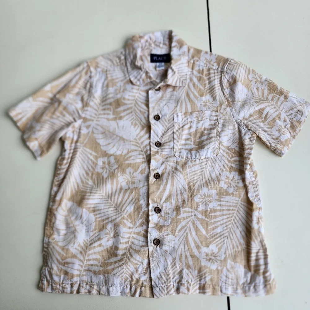 Lot of 2 PLACE H&M Casual Shirts Button Down Cotton Beige Tan Hawaii Sz 7- 8 K